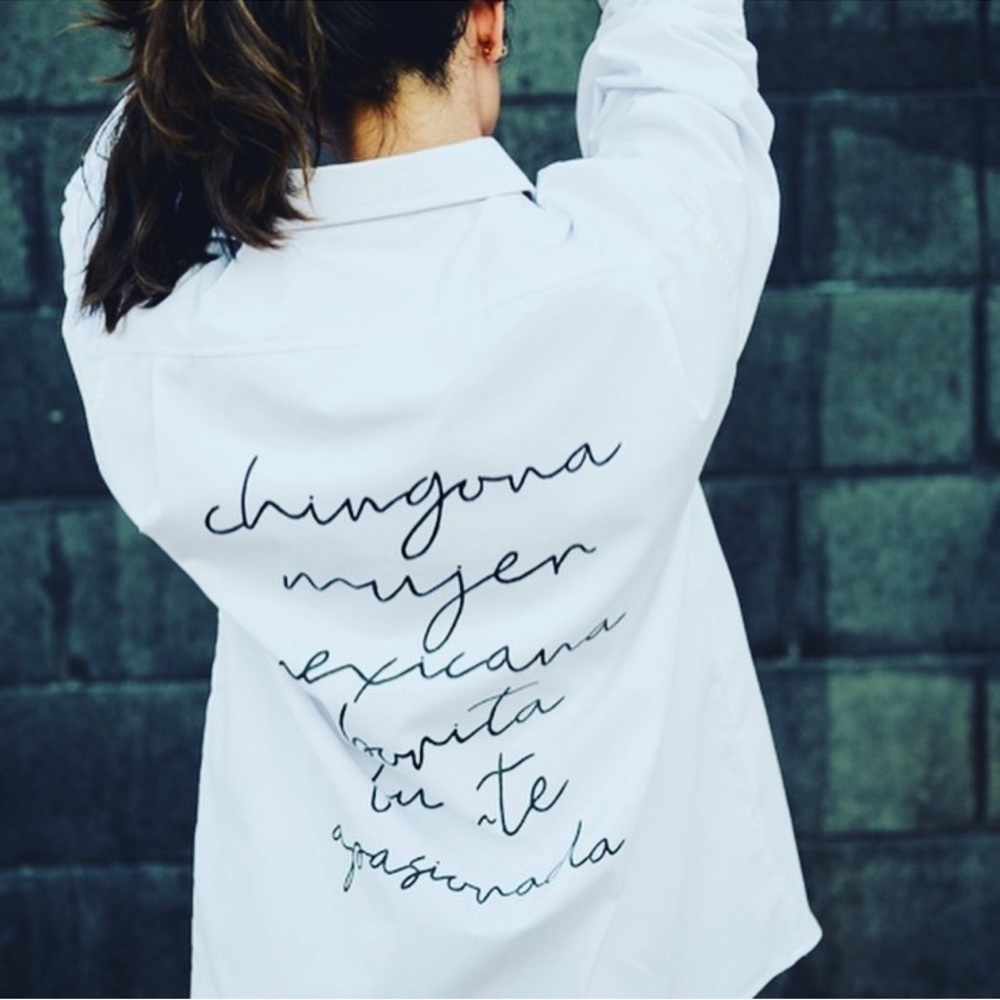 Button Down Shirt White Long Sleeve Chingona Mujer Mexicana Hand Painted Small - Picture 7 of 13